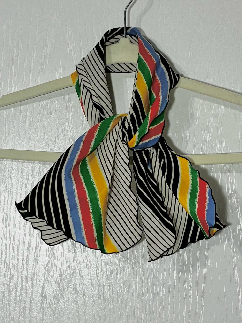 Vintage Ruffle Edge Rainbow Diagonal Stripe Rectangular Crepe Scarf 30”L